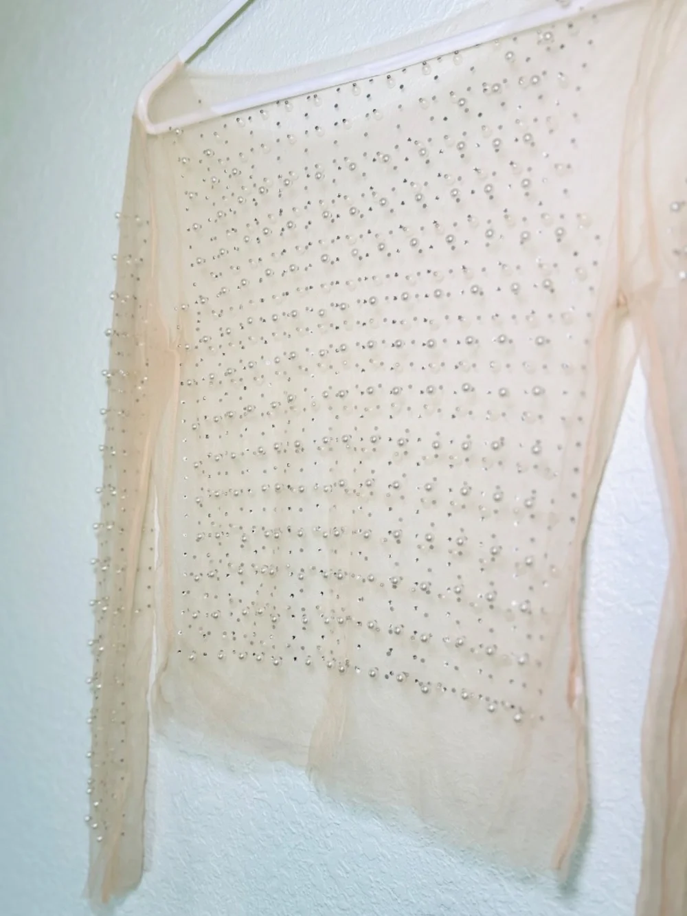 Sheer Beaded Mesh Crop Top Small Nude Pearl Studded Long Sleeve Glam Festival - Picture 3 of 5